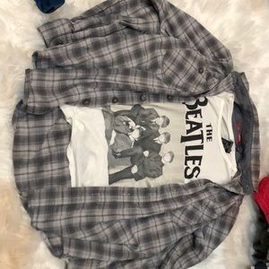 Wrangler flannel with a Beatles t-shirt.